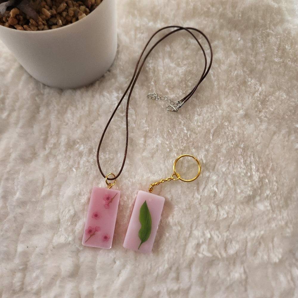 Pink and Green Floral Keychain Necklace Set